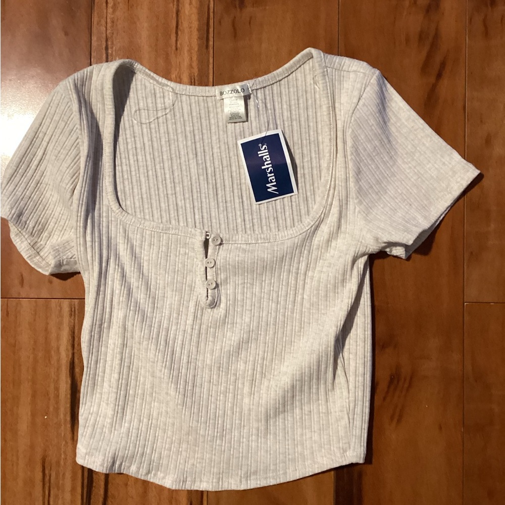 Bozzolo Cream Ribbed Scoop-Neck Button-Front Crop Top